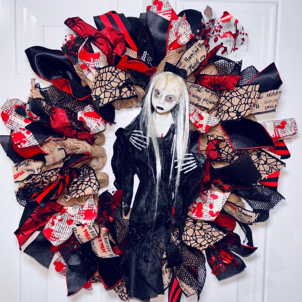 Handmade Halloween Wreath Ghost Girl Victorian Horror Decor 21" Diameter